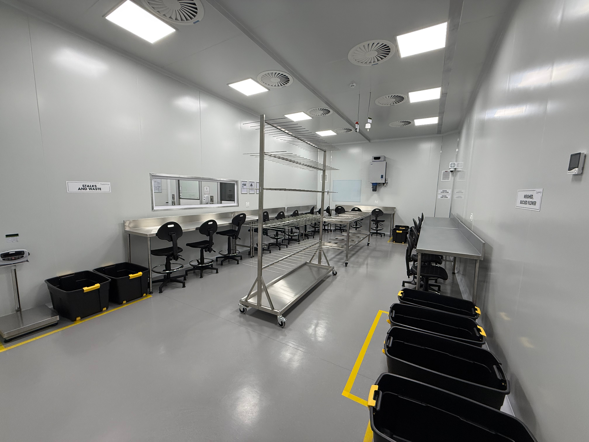 Bucking and weighing workstations with drying racks and totes