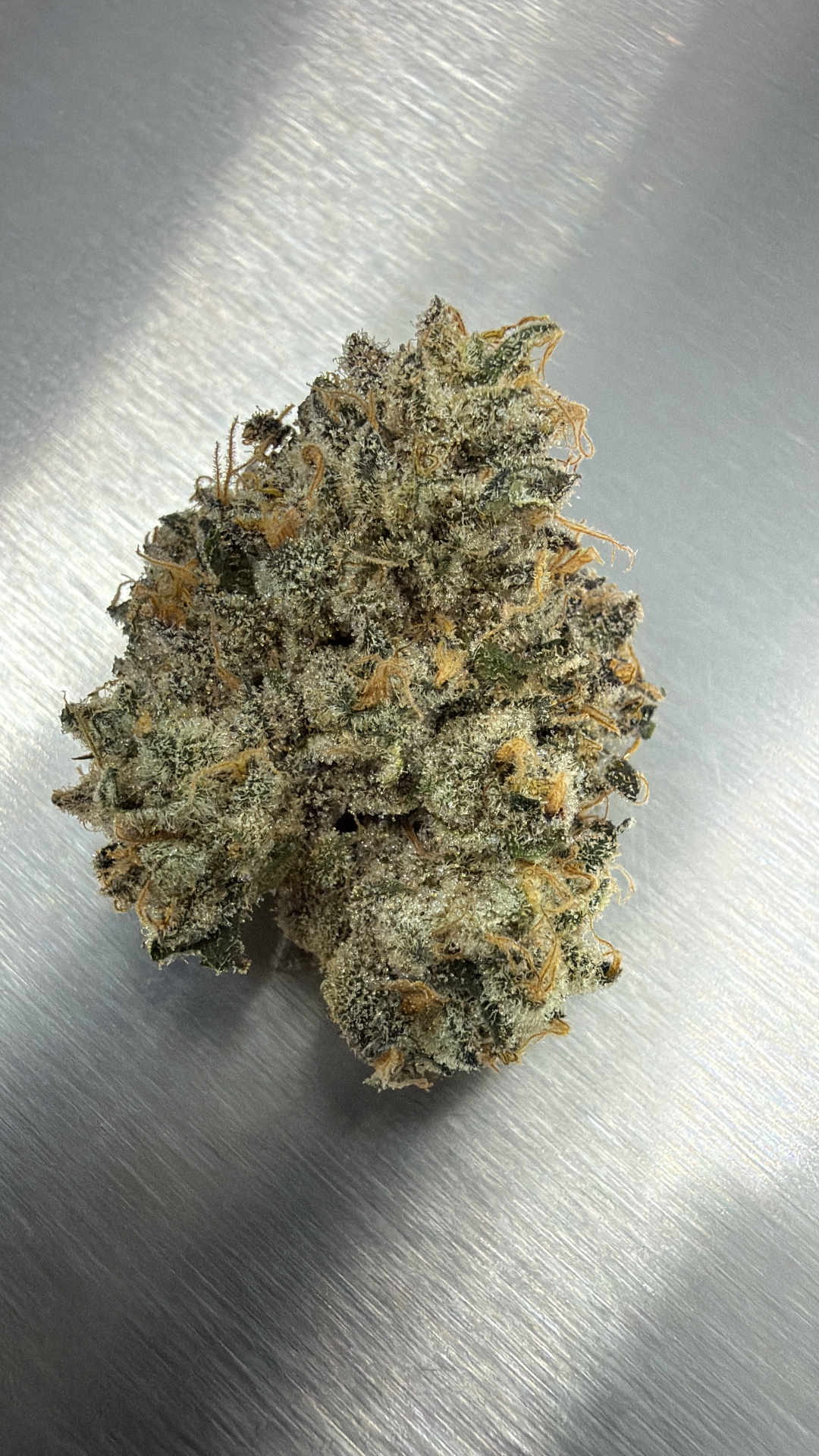 Frosty cannabis bud on brushed steel surface
