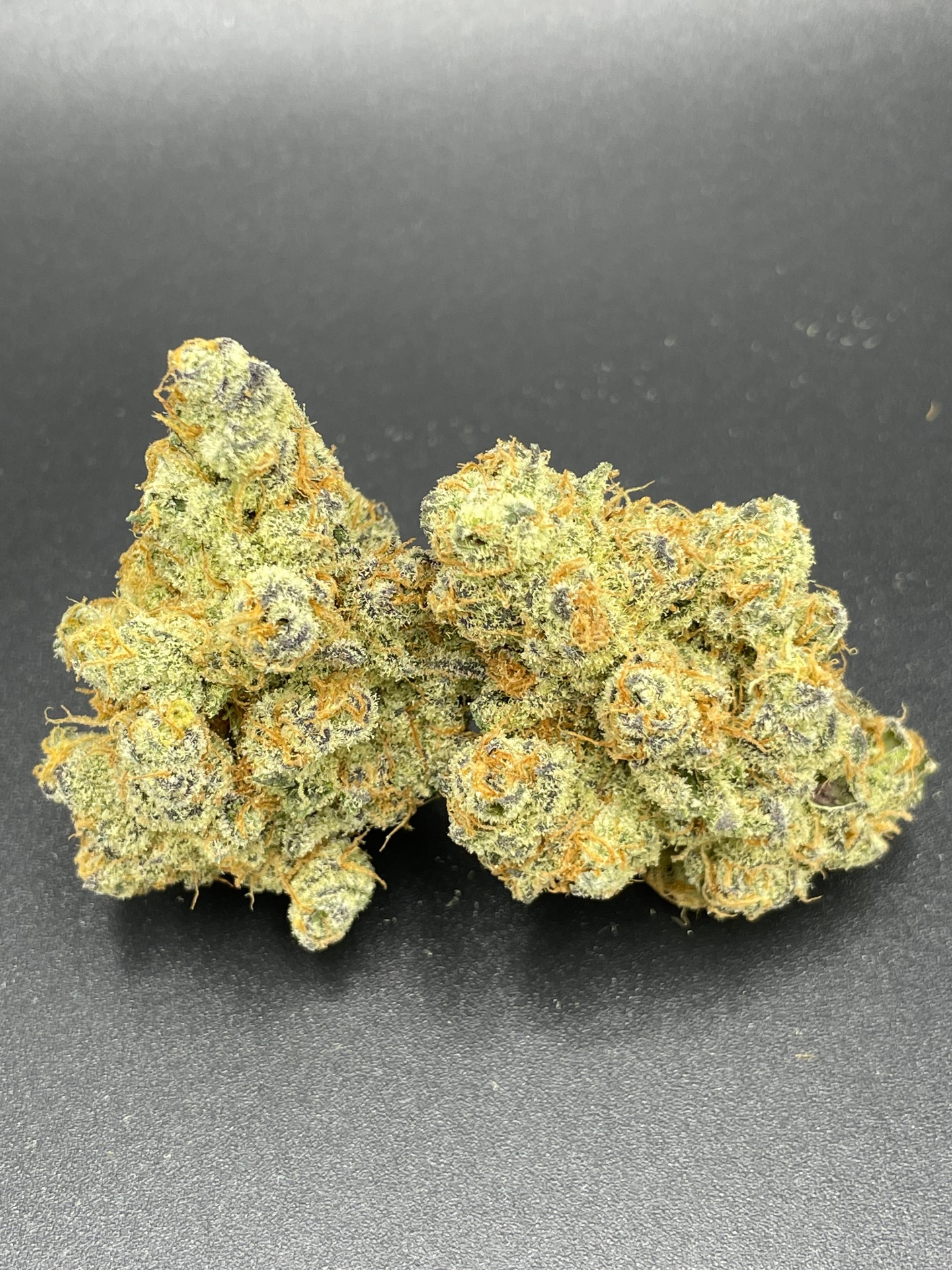 Pair of dense cured cannabis buds on a dark surface