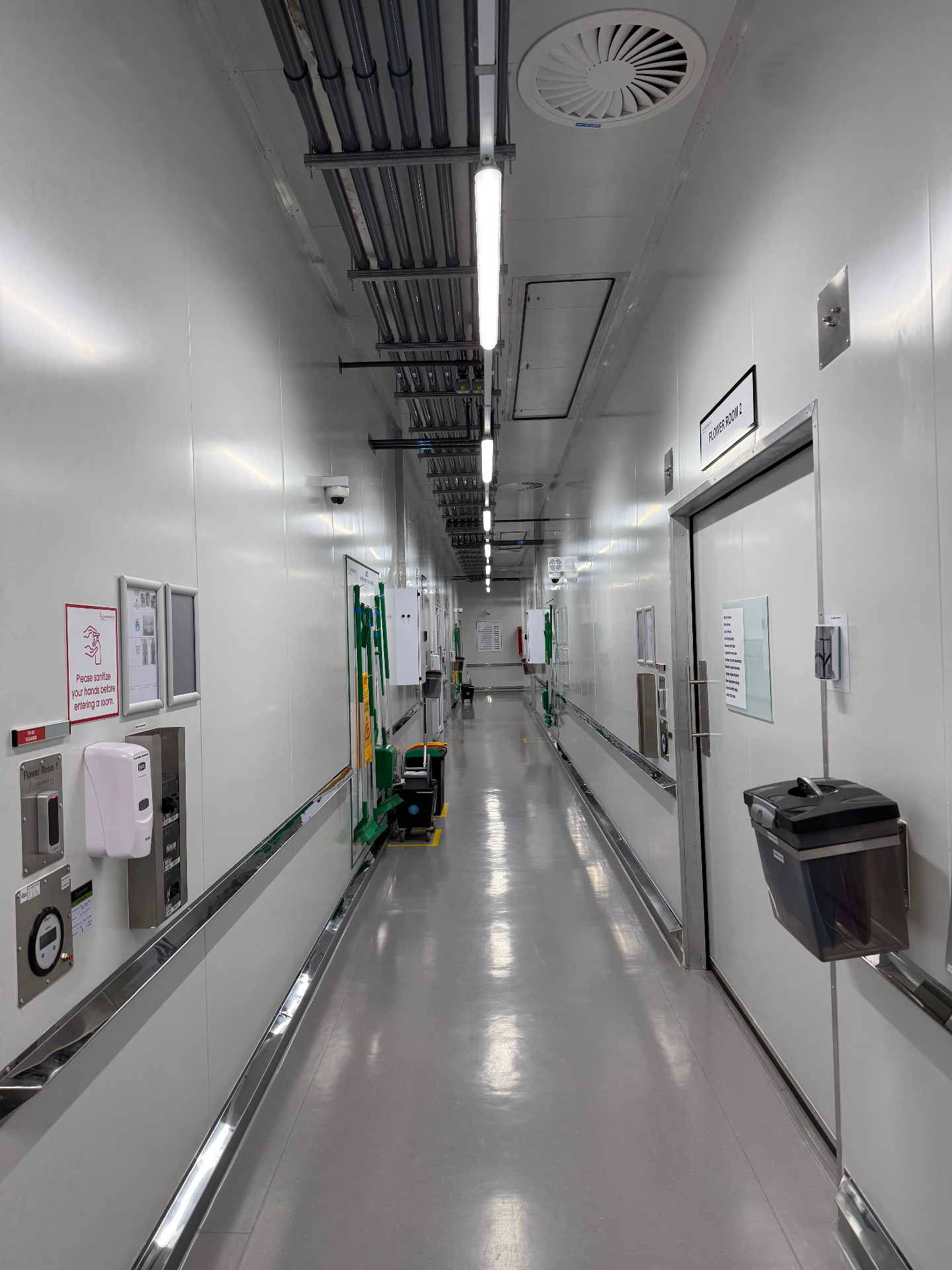GMP corridor between flower rooms with sanitisation stations